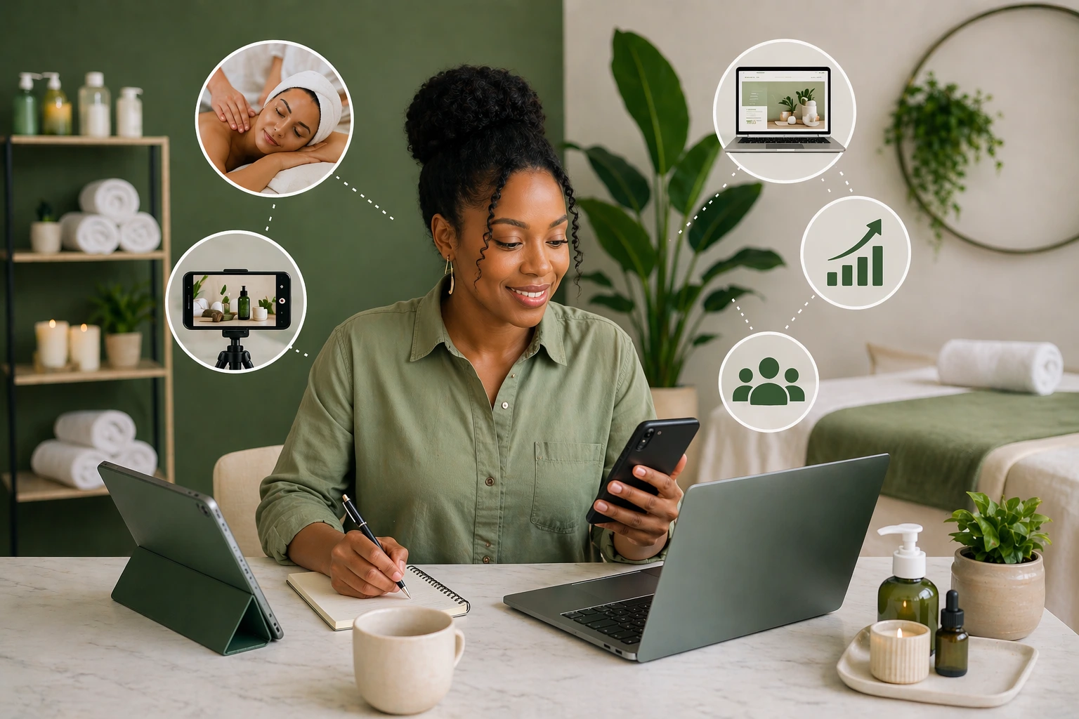 Black American woman promotes her spa business using digital marketing tools at a modern desk with laptop, phone, tablet, notebook, and calming spa decor in green, cream, white workspace.