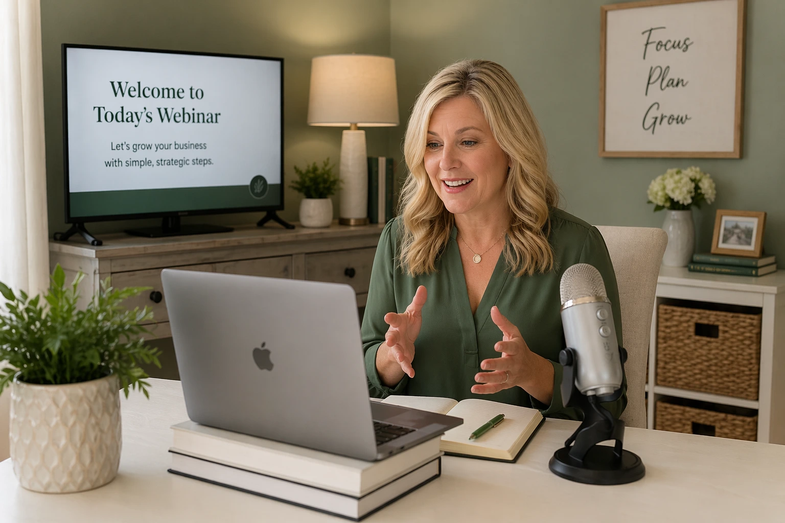 Young lady working on her laptop delivering a webinar.